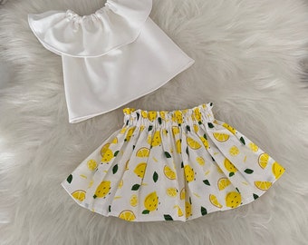 Baby Girl White Blouse, Baby girl t-shirt, Baby girl skirt, Baby girl clothes,Baby girl set, Baby girl dress  Lemon Pattern Skirt Set