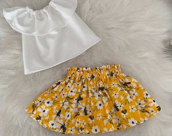 Baby Girl White Blouse, Baby girl t-shirt, Baby girl skirt, Baby girl clothes,Baby girl set, Baby girl dress , Flower Pattern Skirt Set