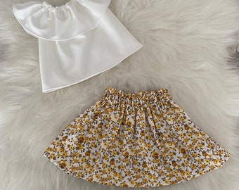 Baby Girl White Blouse, Baby girl t-shirt,Baby girl skirt, Baby girl clothes, Baby girl set, Baby girl dress Yellow Flower Pattern Skirt Set