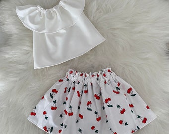 Baby Girl White Blouse, Baby girl t-shirt, Baby girl skirt, Baby girl clothes, Baby girl set, Baby girl dress Cherry Pattern Skirt Set