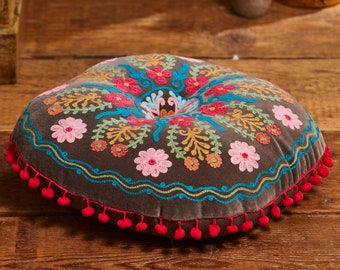 Embroidered Velvet Filled Round Cushion
