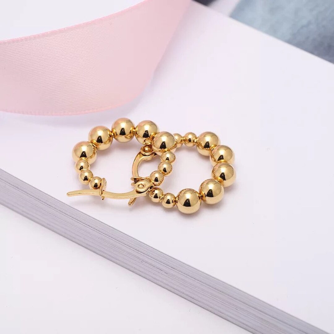 18k Gold Beaded Hoops Modern Style Gold Hoops Dainty Gold Etsy