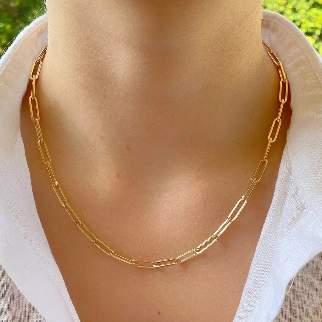 14K Gold Paperclip Chain, Gold Link Chain Necklace, Gold Paperclip