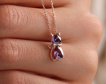 June Birthstone Cat Necklace, Alexandrite Jewelry, Gemini, Cancer Gift, Teacher Gift, Dainty Gift for Cat Lovers, Kitten Handmade Pendant