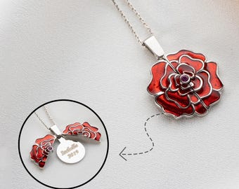 Personalised Rose Necklaces for Her, Red Rose Engraved Locket Necklace, Custom Name Necklace, Flower Jewelry, Best Friend Gift For Her