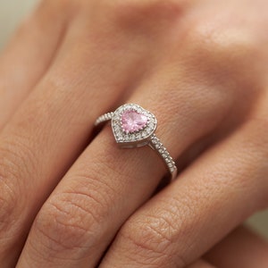 Pink Solitaire Heart Rings for Women, Proposal Engagement Rings, Handmade Ring, Summer Jewelry, Love Gift For Her, 925 Sterling Silver Ring