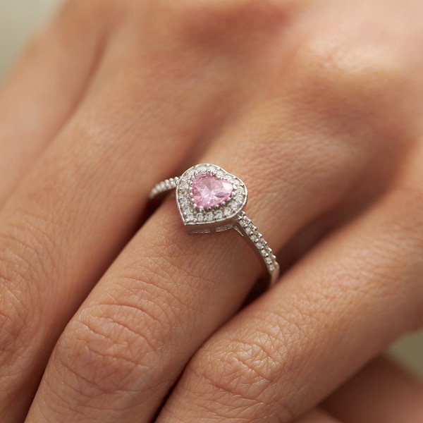 Bagues coeur solitaire rose pour femme, bagues de fiançailles pour proposition, bague faite main, bijoux d'été, amour. Cadeau pour elle, bague en argent sterling 925