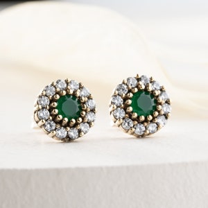 Vintage Style Emerald Stud Earrings, Minimalist Green Earrings, Handmade Jewelry, Mother's Day Gift, Sterling Silver Earrings for Women