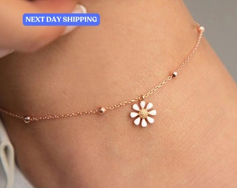 Daisy Anklet for Women, Personalized Christmas Gift for Women, Handmade Jewellery, Autumn Fall Gift for Mom, Minimalist Anklet for Winter