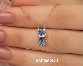 Birthstone Necklace for Women, Sapphire Cat Necklace, Cat Lover Necklace, Kitten Necklace, Animal Necklace, Sterling Silver Handmade Jewelry