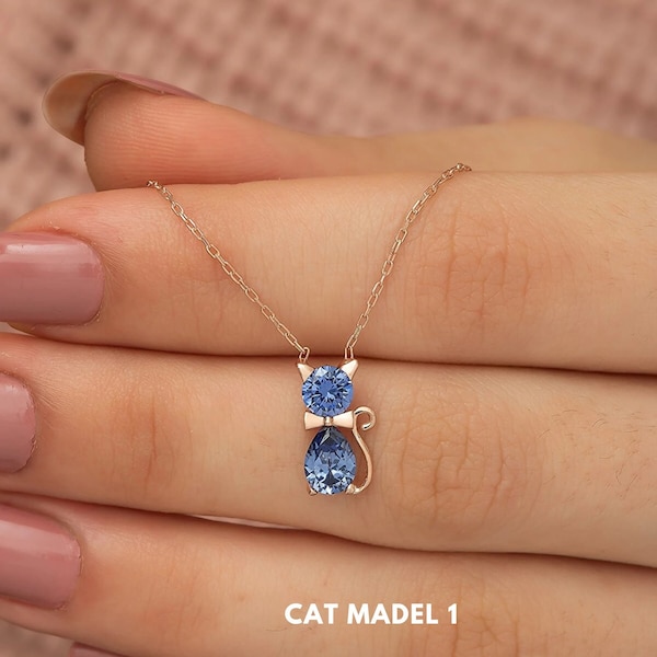 Birthstone Necklace for Women, Sapphire Cat Necklace, Cat Lover Necklace, Kitten Necklace, Animal Necklace, Sterling Silver Handmade Jewelry