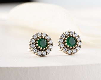 Vintage Style Emerald Stud Earrings, Minimalist Green Earrings, Handmade Jewelry Christmas Gift for Her, Sterling Silver Earrings for Women