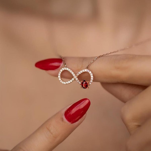 Marienkäfer-Halskette mit Unendlichkeitszeichen, Marienkäfer-Halskette, 925K Silber, Ewigkeitskette, Unendlichkeitskette