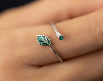 Anelli a forma di foglia minimalista per le donne, anello in argento sterling 925 regolabile, anello floreale, anello verde edera