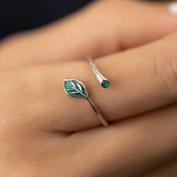 Minimalistische bladvorm ringen voor vrouwen, verstelbare 925 sterling zilveren ring, bloemen ring, cadeau voor haar, klimop groene ring