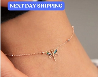 Enkelbandje voor vrouwen, handgemaakte sieraden, gepersonaliseerd kerstcadeau, minimalistische Dragonfly enkelbandje, cadeau voor vrouwen, zomer enkelbandje voor strand