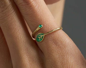 Anéis em forma de folha minimalista para mulheres, anel ajustável de prata esterlina 925, anel floral, presente para ela, anel verde hera