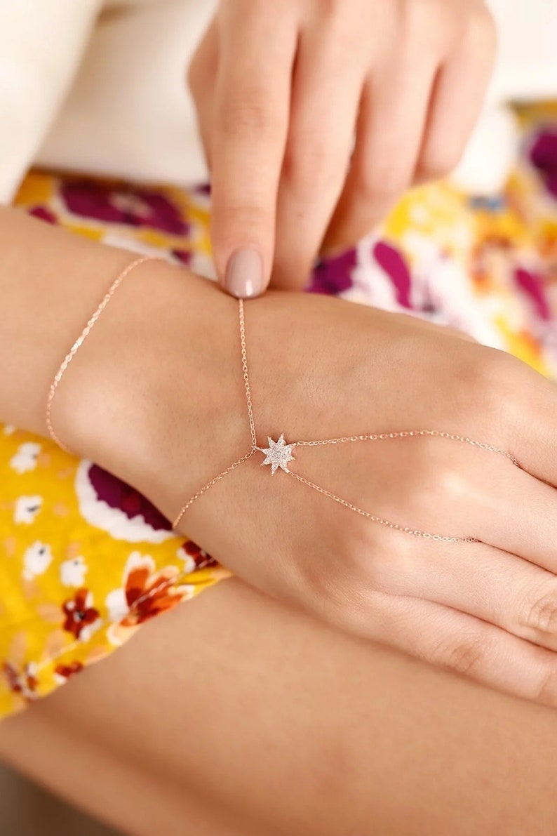 Star Hand Chain Bracelet for Women, Summer Jewellery, Real 925 Silver Handmade Finger Bracelet, Slave Chain Link, Body Jewelry for Her image 5