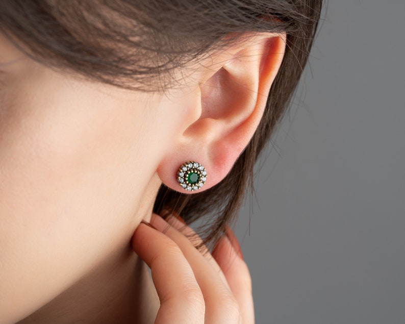Vintage Style Emerald Stud Earrings, Minimalist Green Earrings, Handmade Jewelry Christmas Gift for Her, Sterling Silver Earrings for Women image 2