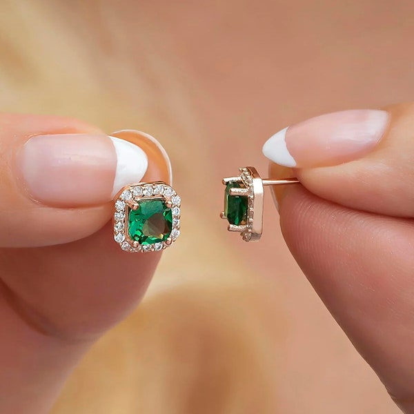 Square Emerald Stud Earrings for Women, Minimalist Summer Jewellery, Green Earrings, Handmade Jewelry, Birthday Gift for Her
