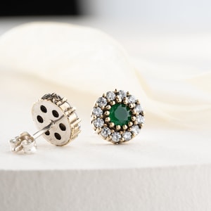 Vintage Style Emerald Stud Earrings, Minimalist Green Earrings, Handmade Jewelry Christmas Gift for Her, Sterling Silver Earrings for Women image 5