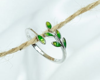 Peace Rings for Women, 925 Sterling Silver Olive Branch Rings, Green Olive Leaves Rings for Mom,