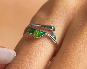 Green Ivy Leaf Rings for Women, Christmas Gift for Her, 925 Sterling Silver Handmade Autumn Jewellery, Emerald Ring Gift for Grandma Mom