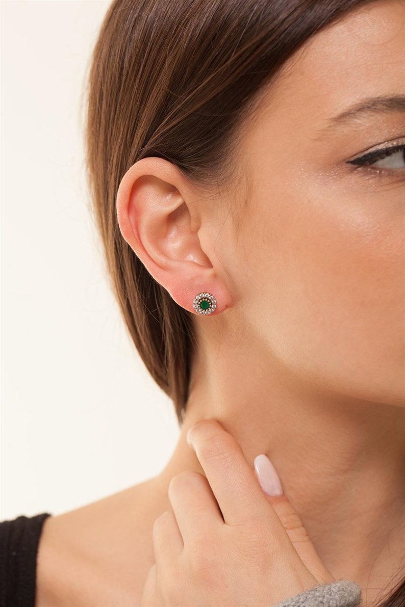 Vintage Style Emerald Stud Earrings, Minimalist Green Earrings, Handmade Jewelry Christmas Gift for Her, Sterling Silver Earrings for Women image 8