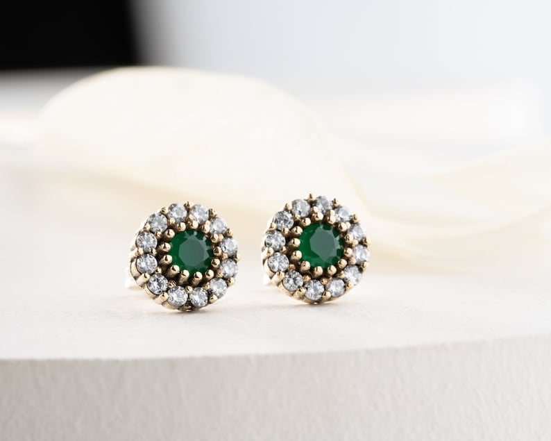 Vintage Style Emerald Stud Earrings, Minimalist Green Earrings, Handmade Jewelry Christmas Gift for Her, Sterling Silver Earrings for Women image 1