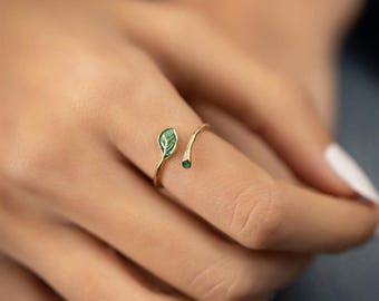Green Leaf Rings for Women, 925 Sterling Silver Handmade Summer Jewellery Ring. Adjustable Size, Christmas Birthday Gift for Her, Olive Tree