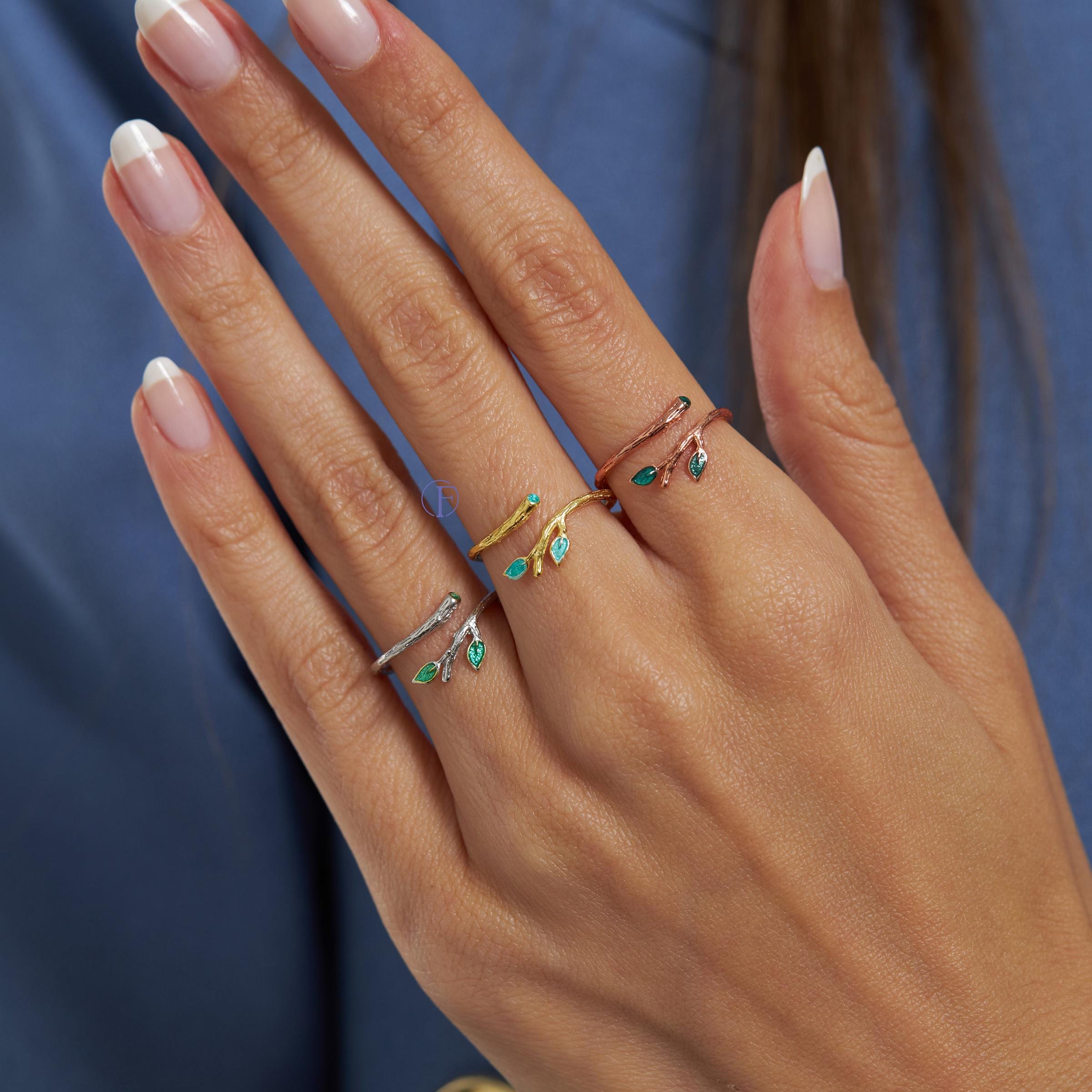 [韓国人気ジュエリー] nff Tree Ring Green Handmade Jewelry Olive Tree Rings for Women, Green Ivy Leaf