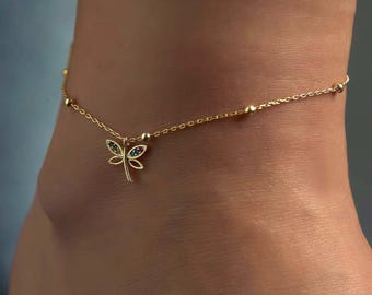 Bracelet de cheville libellule en or pour femme, bijoux faits main, cadeau de Noël personnalisé, bracelet de cheville minimaliste, cadeau pour femme, bracelet de cheville d'été pour la plage