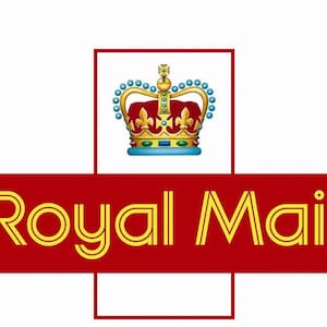 May include: Royal Mail logo with a red background and gold lettering. A gold crown with blue and red accents is above the text.