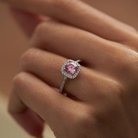 Pink Solitaire Rings for Women, Minimalist Engagement Ring for Her