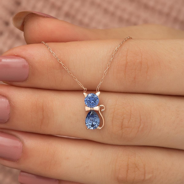 Birthstone Necklace for Women, Cat Lover Necklace, Birthday Month Gift, Kitten Necklace, Grandma Gift, Sterling Silver, Handmade Jewelry