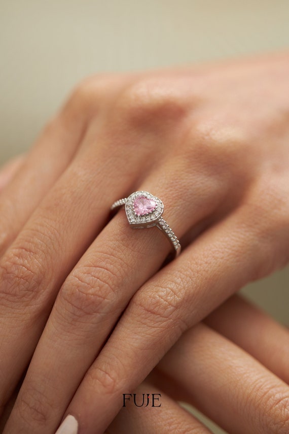 Pink Solitaire Heart Rings for Women Proposal Engagement Rings Handmade Ring Summer Jewelry Love Gift for Her 925 Sterling Silver Ring Etsy
