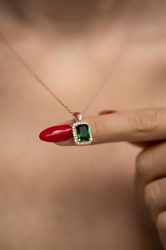 925 Sterling Silber Halskette Mit Mond & Rose Anhänger – Geburtsstein Smaragd, Verstellbar, Geschenk Für Frauen