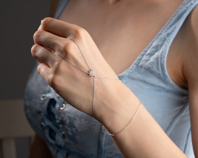 Star Hand Chain Bracelet for Women, Summer Jewellery, Real 925 Silver Handmade Finger Bracelet, Slave Chain Link, Body Jewelry for Her image 10