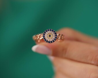 Anello con occhio di malocchio, in argento Sterling, blu