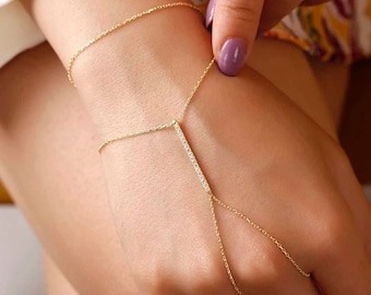 Minimalist Hand Kette Gold Armband für Sie, 925 Silber Handgemachte Finger Armband, Sklavin Kettenglied, Körper Accessoire für Sie, Weihnachtsschmuck