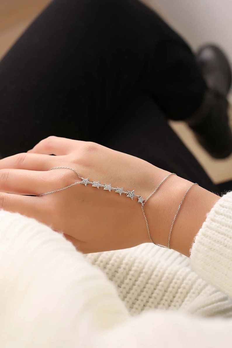 Star Hand Chain Bracelet for Women, Summer Jewellery, Real 925 Silver Handmade Finger Bracelet, Slave Chain Link, Body Jewelry for Her Multi Stars Bracelet