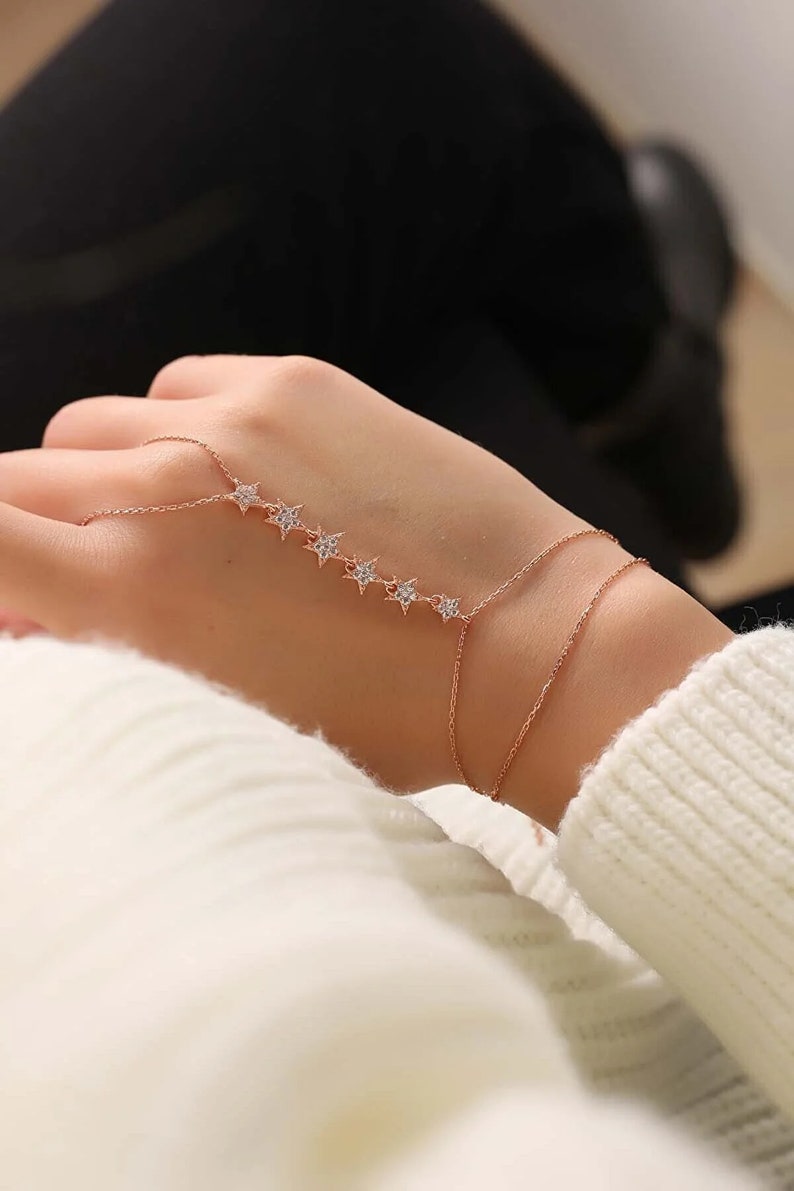 Star Hand Chain Bracelet for Women, Summer Jewellery, Real 925 Silver Handmade Finger Bracelet, Slave Chain Link, Body Jewelry for Her image 6