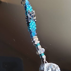Crystal rainbow suncatcher, blue & black hand beaded kumihimo braided pendant for your car rearview mirror, artsy home or window decor