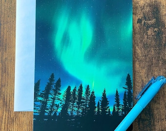 Greetings card northern lights blank inside with white envelope, birthday card