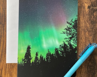 Greetings card northern lights blank inside with white envelope, birthday card
