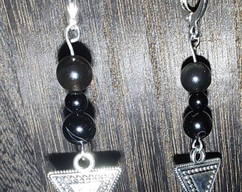 Various black gemstones with silver triangles -  stainless steel dangle earrings