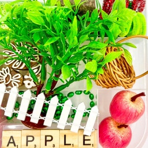 May include: A vibrant still life arrangement featuring a miniature tree with bright green leaves, a small woven basket, and two red apples. A white picket fence and the word "APPLE" spelled out with Scrabble tiles complete the scene.