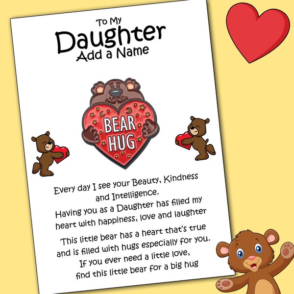 Bear Hug Red Heart Pin Badges & Personalised Daughter Message Cards, Pocket Hug Token Gift, Bear Hug Gift, Daughter Gift