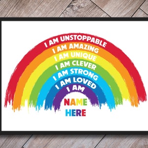 Positive Affirmation Personalised I Am Prints - Motivation - Rainbow Wall Art - Kids Print, Kids Poster, Playroom Decor, Childrens Bedroom