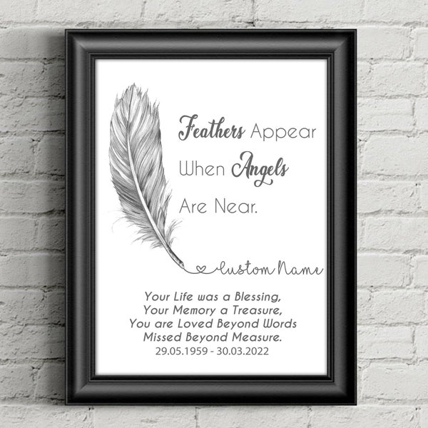 Feathers Appear When Angels Are Near Personalised Prints In Loving Memory, Remembrance, Bereavement of Lost Loved One, Sympathy Gift,